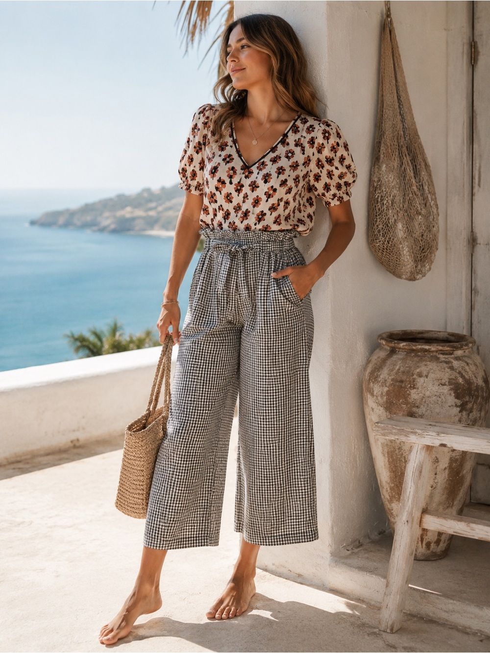 Joie Blue Gingham Paperbag Waist Wide-Leg Crop Pants – Size